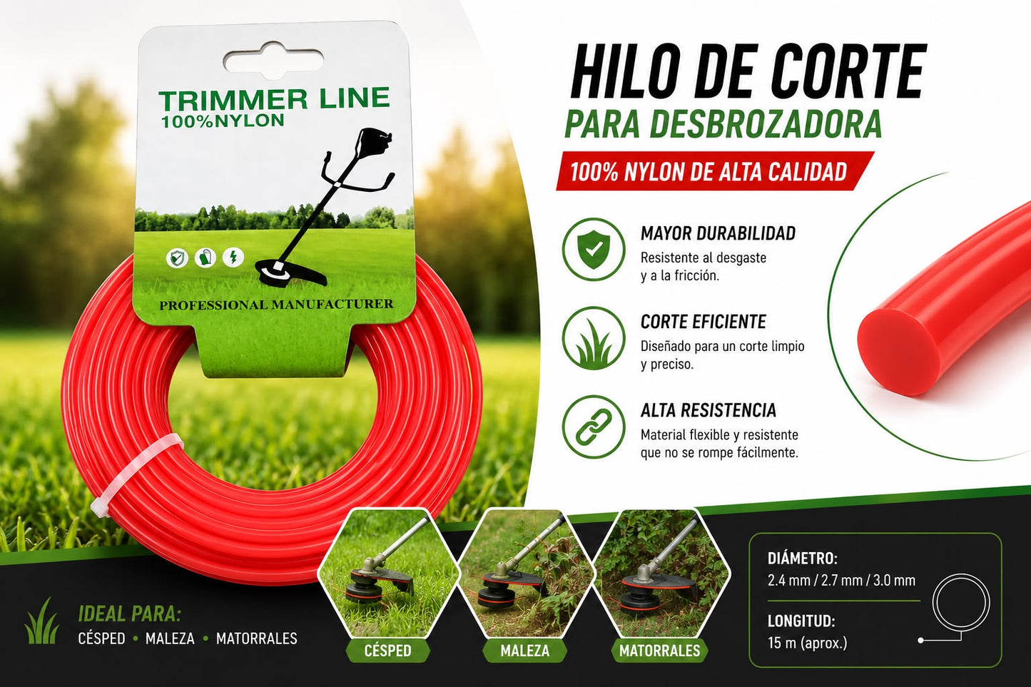 Nylon Plastico De 2mmx15m Para Orilladoras Y Desmalezadora
