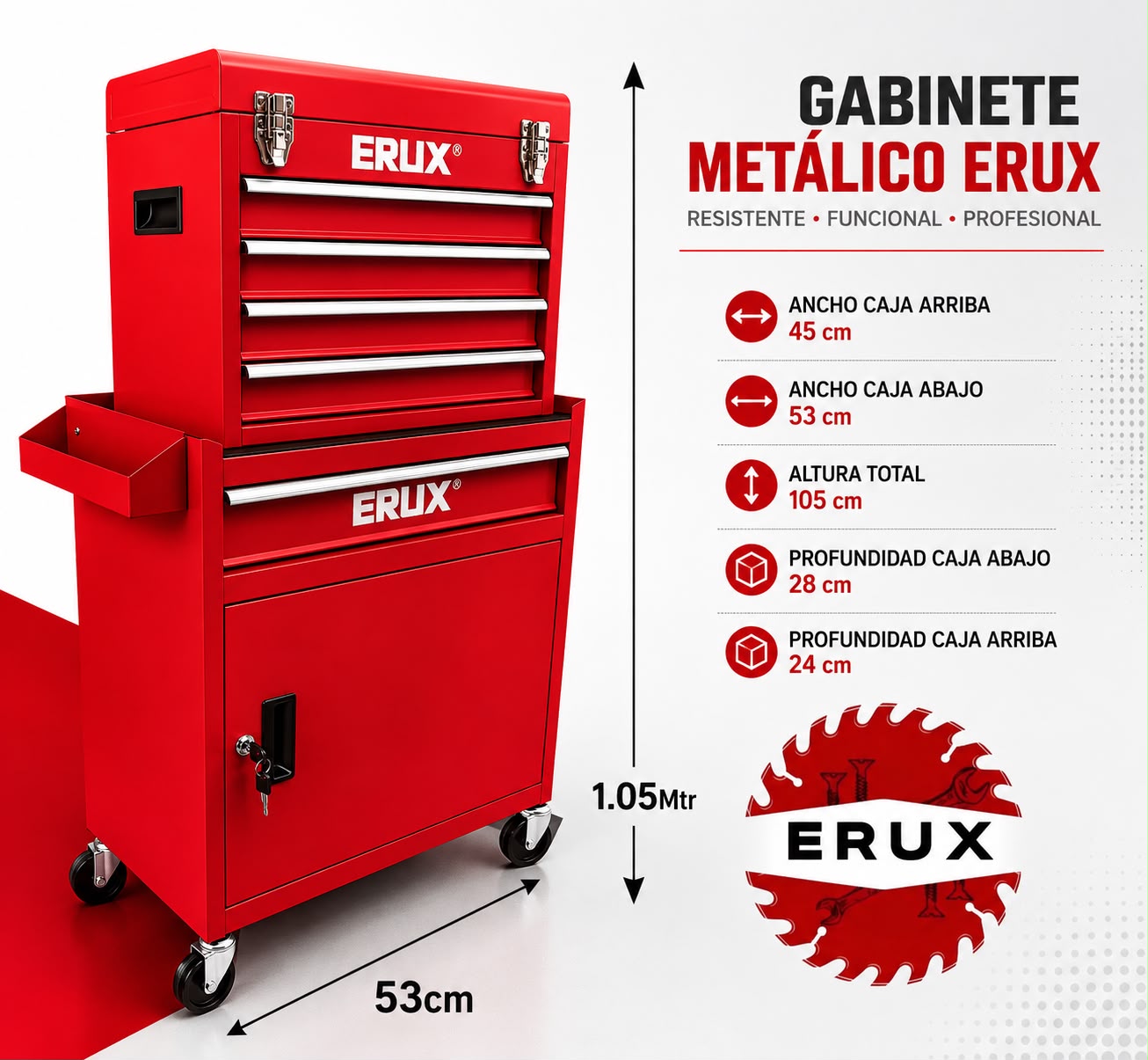 Gabinete De Metal Para Herramientas Profesional Erux | ROJO |Con Ruedas