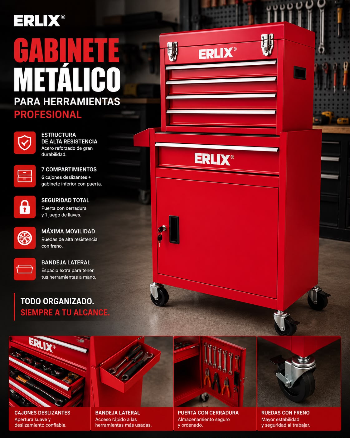 Gabinete De Metal Para Herramientas Profesional Erux | ROJO |Con Ruedas