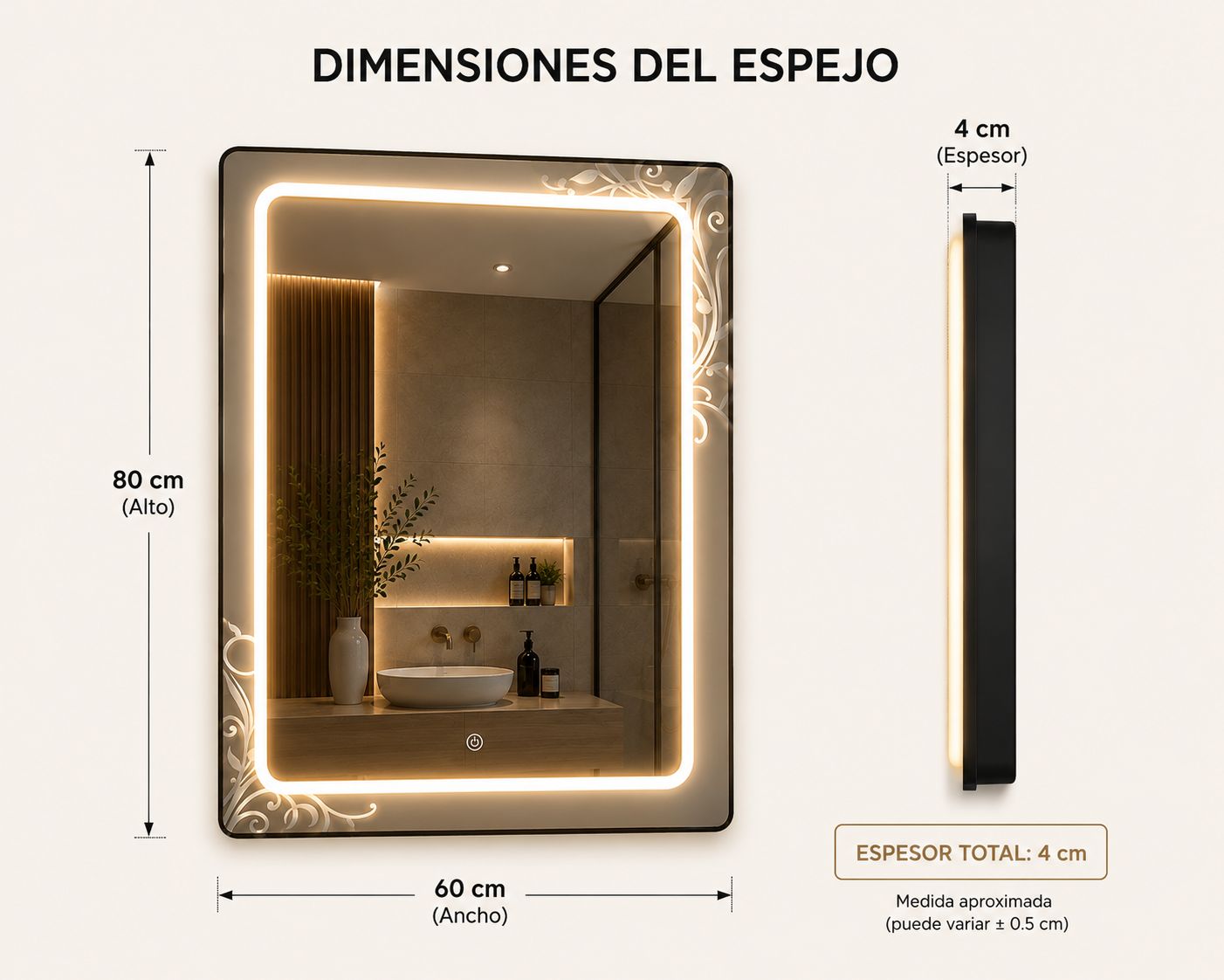 Espejo LED LORE 80x60 cm con Sensor Touch – Iluminación Premium para Baño, Tocador y Hogar