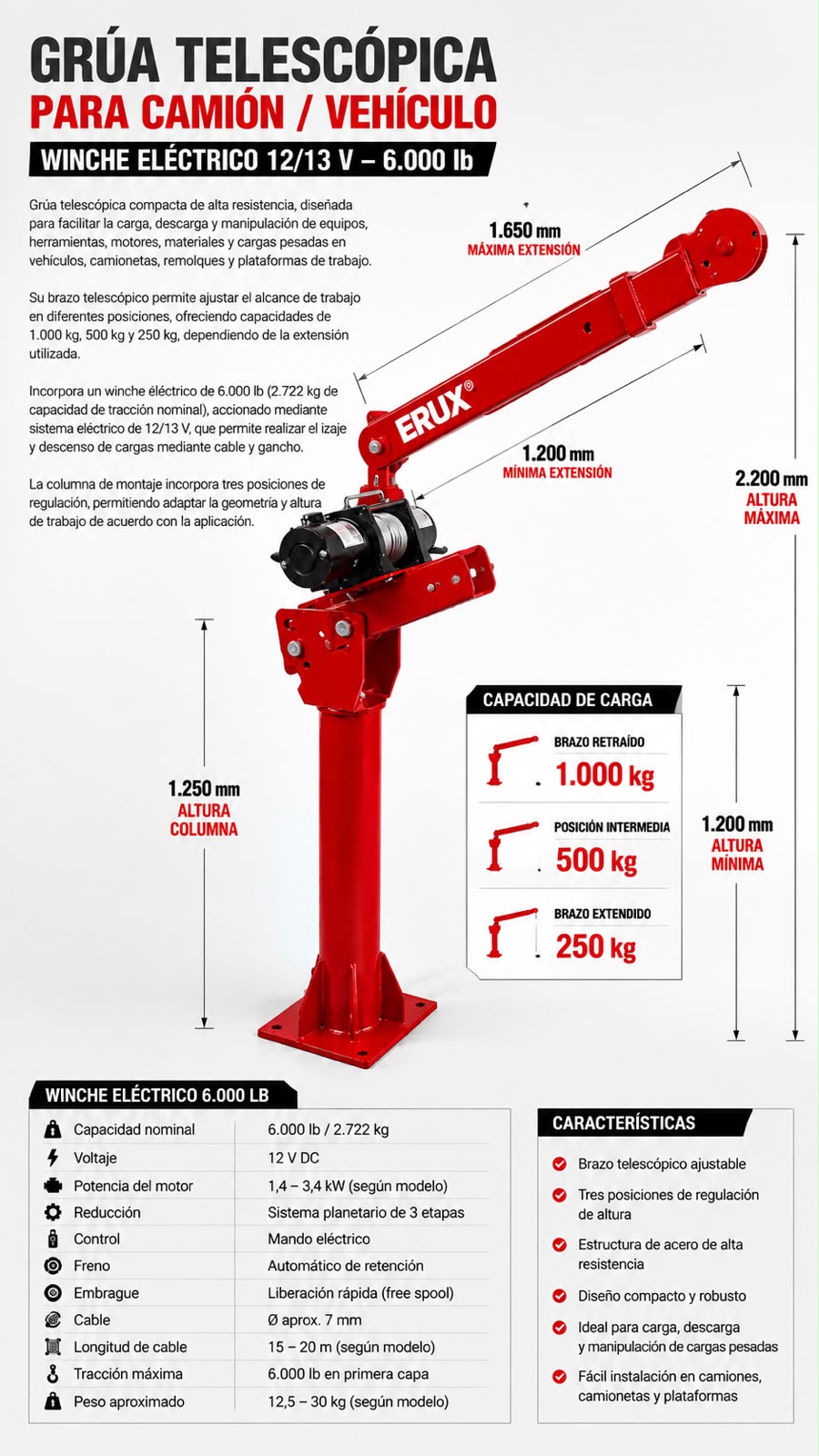 Grúa Telescópica Camión/vehículo/winche Eléctrico 12/13v- 3000kg