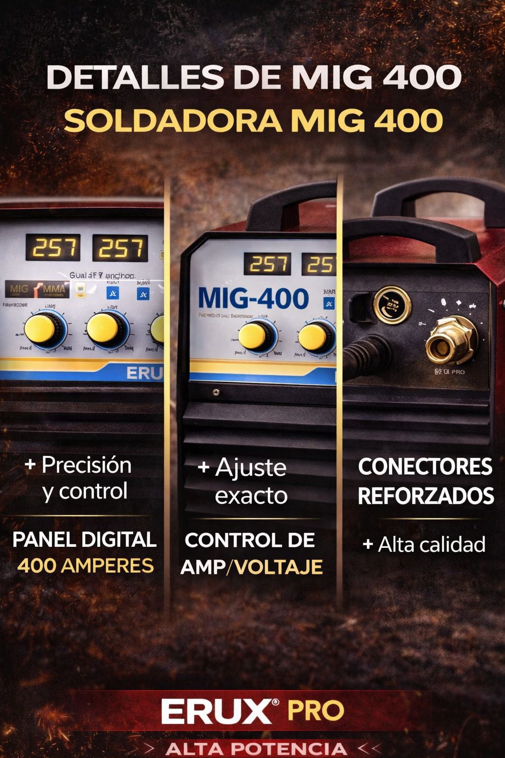 Soldadora Mig-400/mma/co2 Erux Alto Rendimiento Profesional