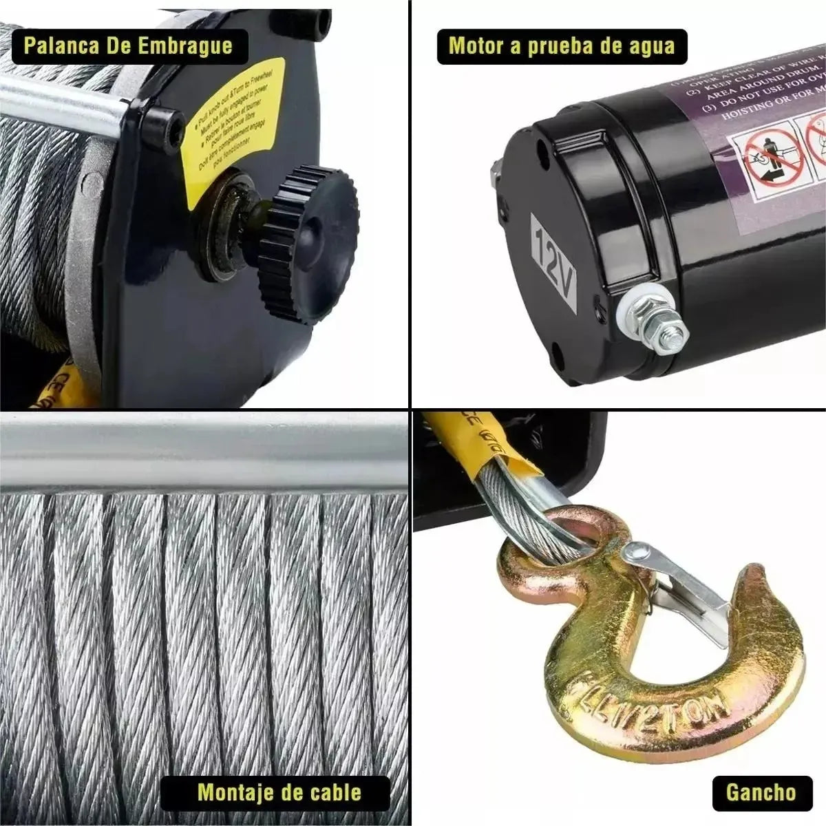 Winche Eléctrico Capacidad 2000 Lbs 12v dc Control Remoto