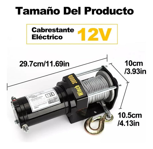 Winche Eléctrico Capacidad 2000 Lbs 12v dc Control Remoto