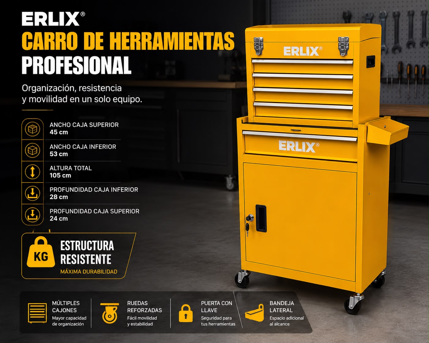 Gabinete De Metal Para Herramientas Profesional | Amarillo Con Ruedas | Fácil Traslado