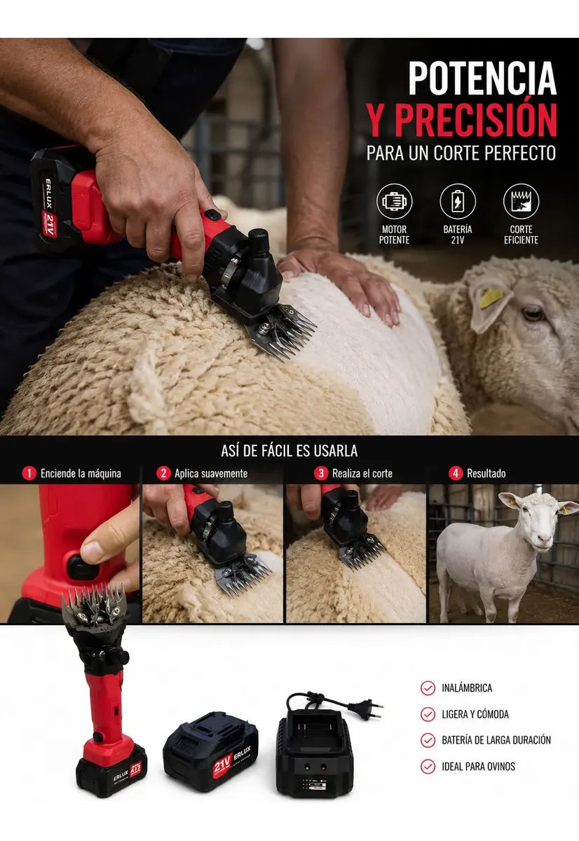 Esquiladora inalámbrica Para Animales Grandes, Erux+2 Baterías