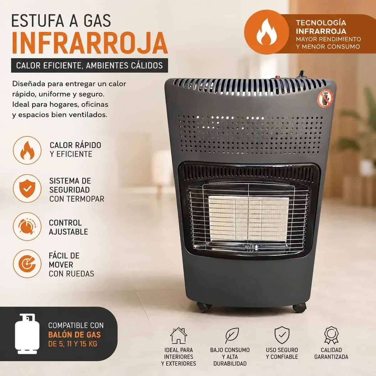 Estufa Cuadrada  Para Interiores /Calefactor Portátil Con Rueda A Gas