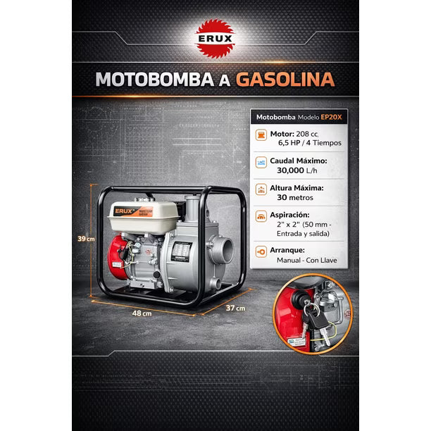 Motobomba 2 Pulgadas Gasolina 600L/min 7HP Alto Caudal Profesional