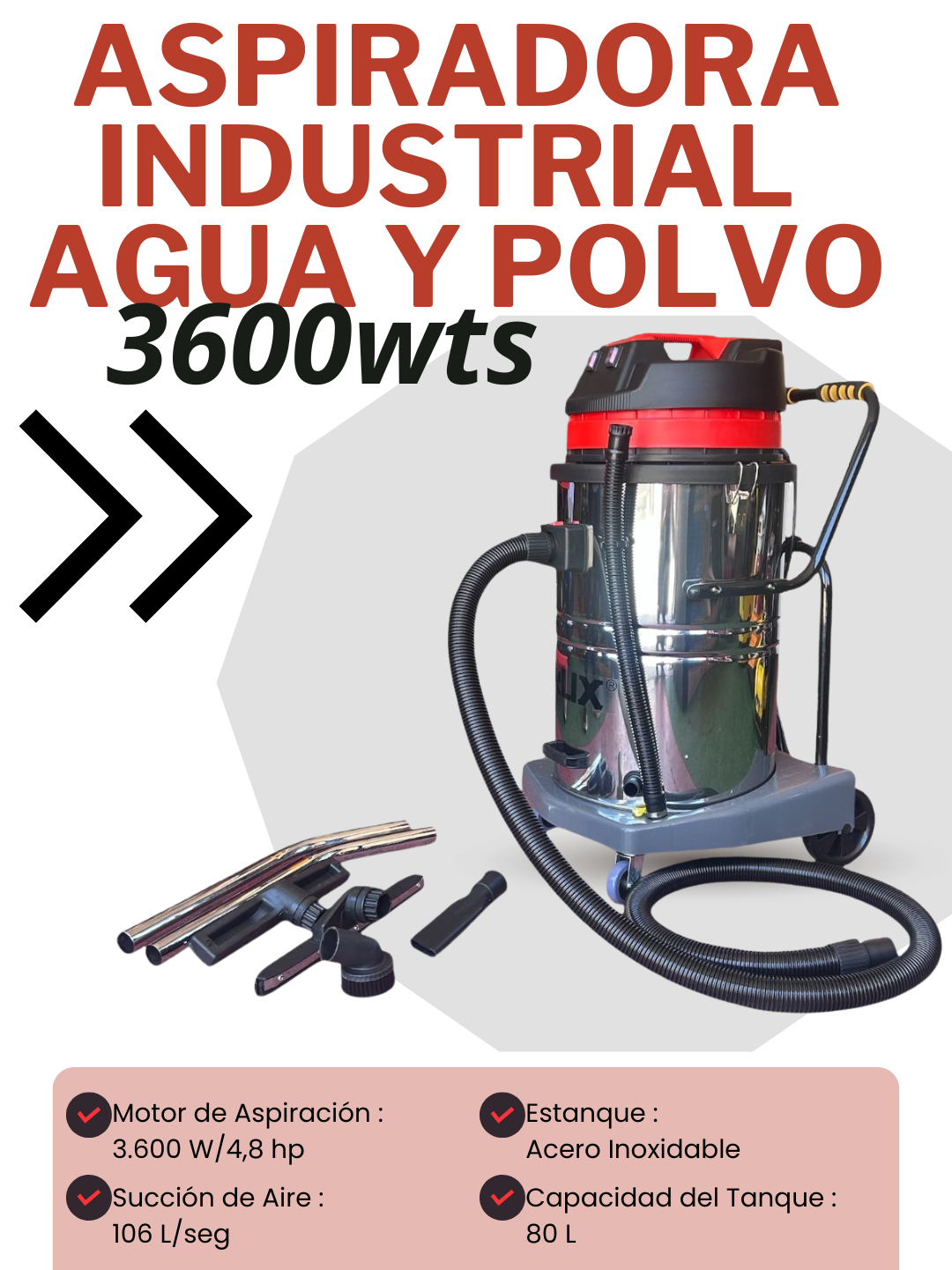 Aspiradora Industrial Agua y Polvo 3600wts - 2 Motores