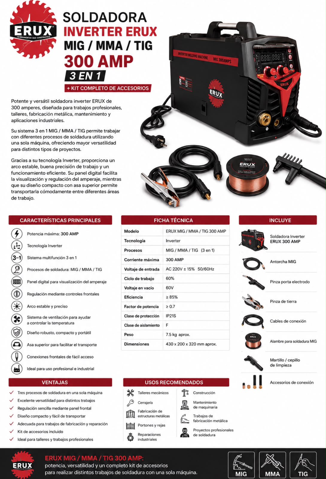 Soldadora Inverter 300a 3en1 Mig/mma/tig Erux